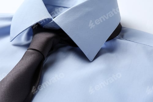 Preview: Color male necktie on blue shirt, closeup. Space for text