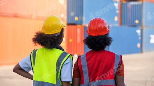 Preview: African american Woman foreman or inspector suppervisor each other on old cargo container tank