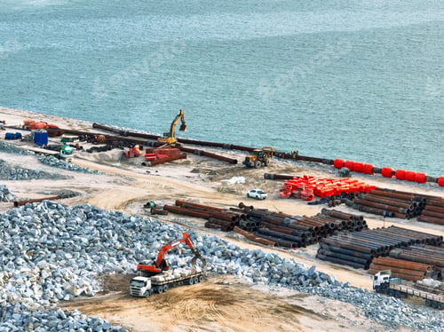 Preview: Aerial view of land reclamation construction site for a new shipping port terminal. Global trade