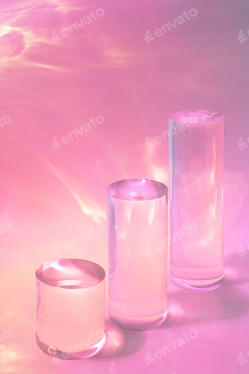 Preview: three clear glass cylinder podiums on pastel holographic colored background