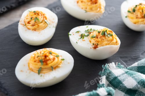 Preview: Homemade hard Boiled Deviled Eggs garnished with herbs