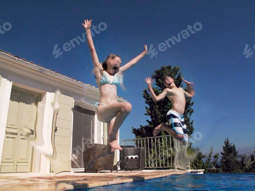 Preview: Girl and teenage brother jumping into apartment swimming pool