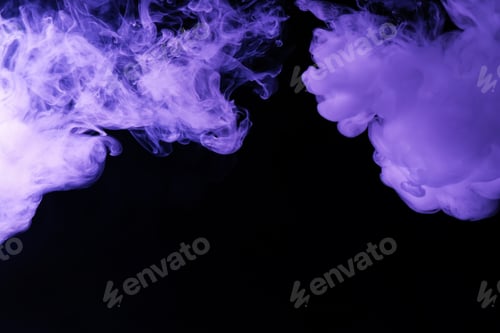 Preview: Hookah smoke in violet light on black background, closeup. Space for text