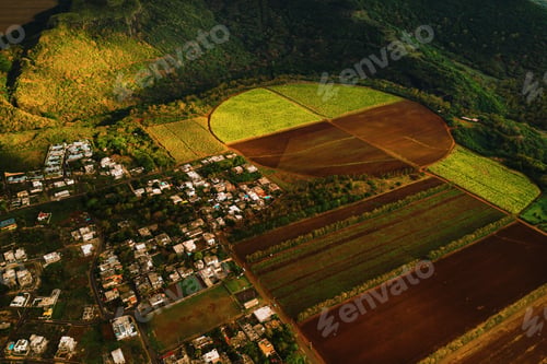 Preview: Bird's eye view of beautiful fields Islands of Mauritius and mountains