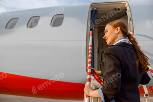 Preview: Female flight attendant standing on airplane stairs