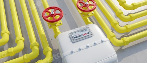 Preview: Gas home utility distribution. Consumption meter and yellow pipeline on wall, 3d render