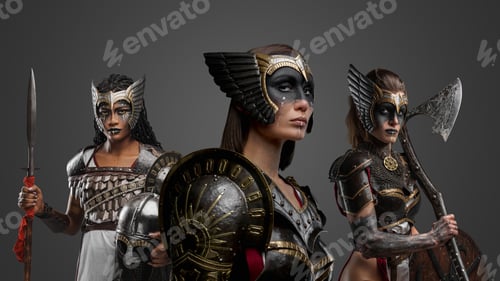 Preview: Medieval female soldiers posing together against grey background