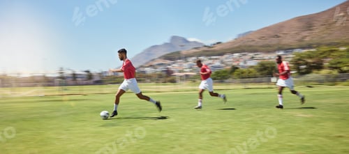 Preview: Soccer player, running and soccer ball team sports competition game, grass pitch and goals of winni