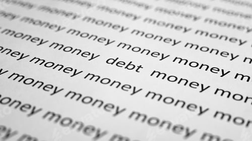 Preview: Financial problems, economics and business concept. Printed text Money and Debt on paper, close-up