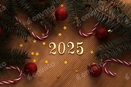 Preview: New Year 2025 beige background. Number of the coming year in Christmas decoration.