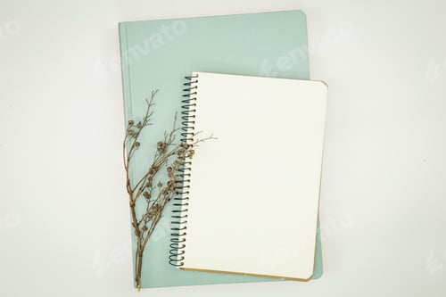 Preview: Minimalistic background with blank notepad, flat lay.