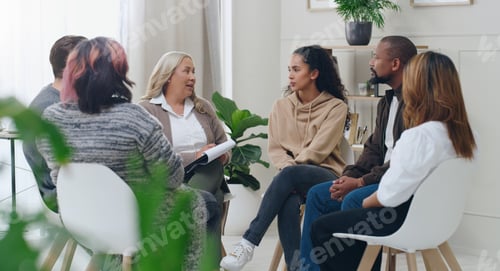 Preview: Diversity, mental health and group therapy counseling support meeting, healthy conversation and wel