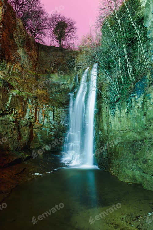 Preview: Tbilisi, Georgia, Night Scenic View Of Leghvtakhevi waterfall in rvier in canyon.