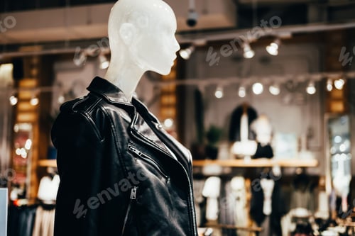 Preview: White mannequin in black leather jacket in fashion store, selective focus