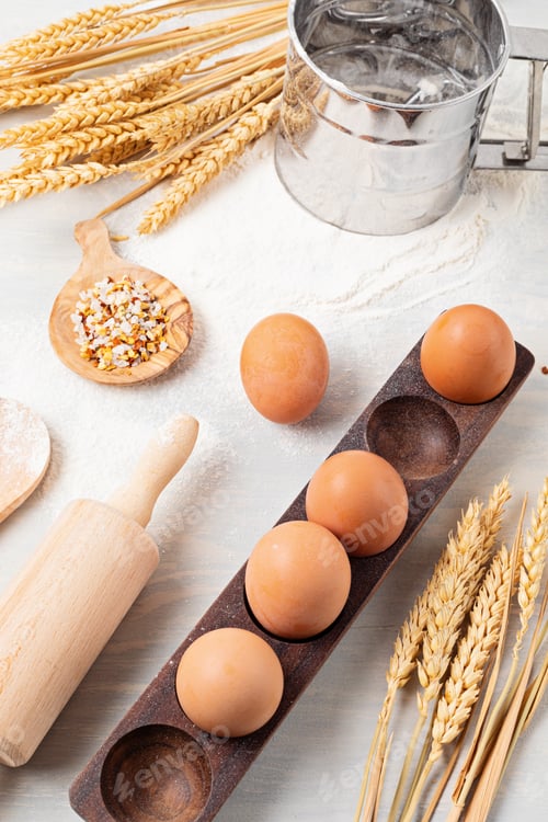 Preview: Baking ingredients and kitchen utensils flat lay. Healthy eating, home cooking, baking recipes