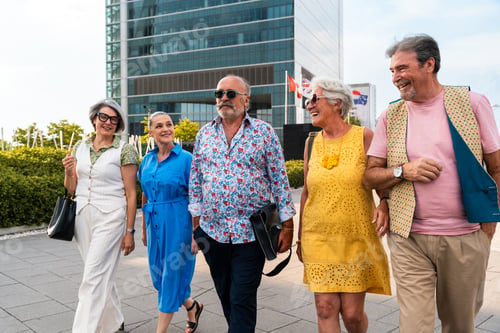 Preview: Group of senior friends meeting outddors in the city and having fun