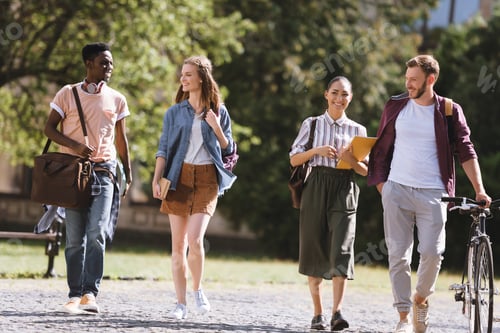 Preview: group of happy multicultural students walking together in park
