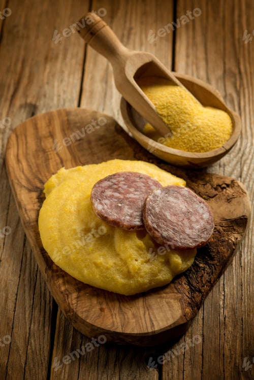 Preview: polenta with salami, traditional italian recipe