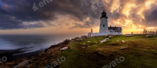 Preview: Scenic shot of Pemaquid Lighthouse in Maine, USA, with a stunning sunset sky in the background.