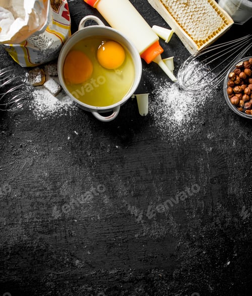 Preview: Baking background. Eggs with flour, honey and nuts.