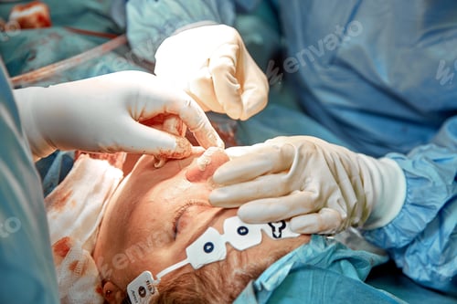 Preview: A surgeon with gloves is operating on his nose. Rhinoplasty, close-up operation. Blue light