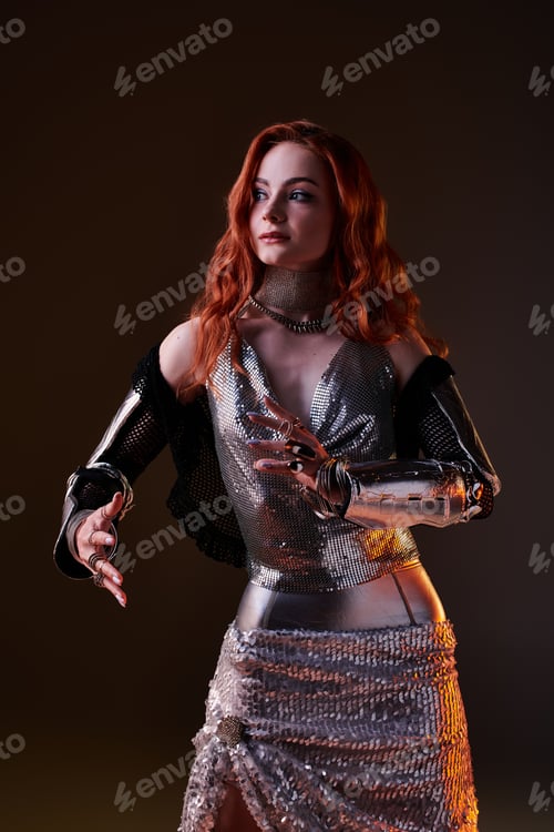 Preview: Elegant young woman embodies castle core fashion with a modern twist in a dramatic pose