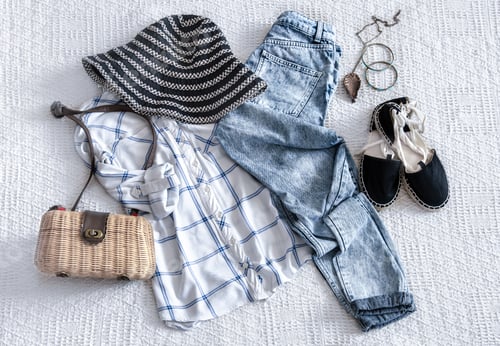 Preview: Set with fashionable women's clothing, shirt, jeans, and bag .Trendy hipster look. Flat lay.