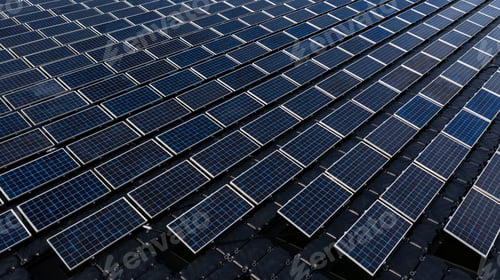 Preview: Aerial view solar cell panels farm power plant on water, Solar cell panels farm power plant.