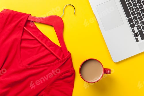 Preview: Flat Lay with a Red Shirt and Laptop