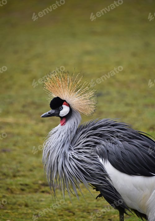 Preview: Close up pf black crowned crane over green