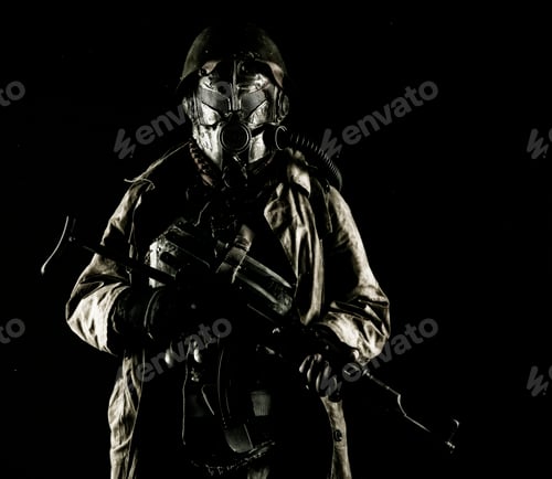 Preview: Post apocalyptic soldier aiming firearm weapon
