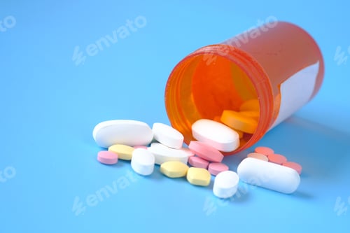 Preview: Close up of many colorful pills and capsules on blue background