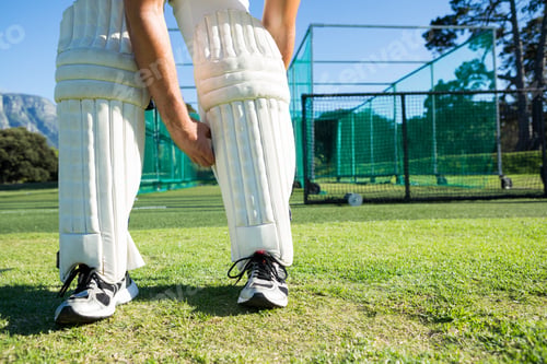 Preview: Low section of cricket player tying kneedpads