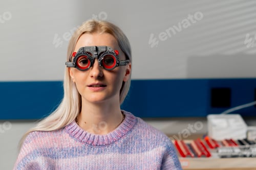 Preview: ophthalmology clinic of a smiling young blonde girl wearing glasses for selecting lenses