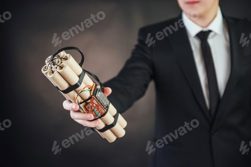 Preview: Man terrorist in a black suit with explosives