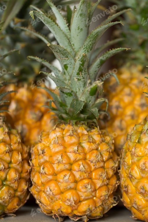 Preview: Lots of fresh ripe pineapples close up
