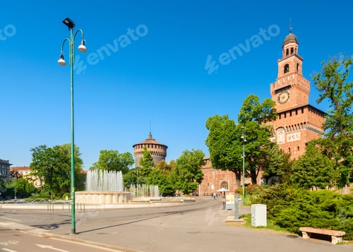 Preview: Historic Sforza's Castle with trees and fountains in its yard, Milan, Italy