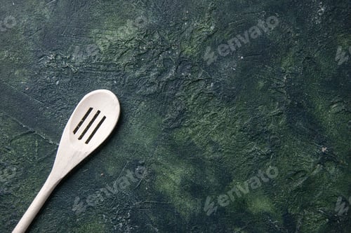 Preview: top view white spoon on dark background cutlery food kitchen wood plastic darkness fork knife color
