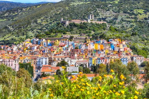 Preview: Wonderful morning panorama of colourful houses of old town Bosa in Sardinia