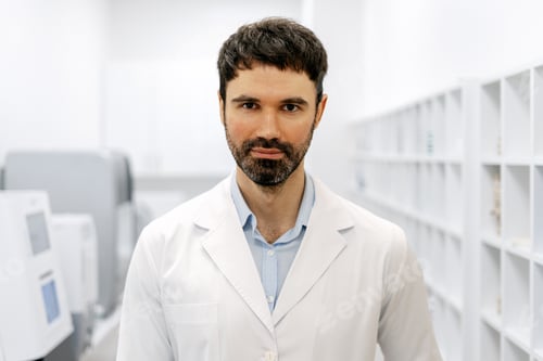 Preview: Portrait of serious doctor standing in hospital laboratory