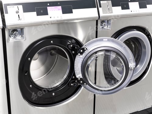 Preview: Industrial washing machines in a public laundromat