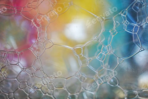 Preview: a colorful background of soap bubbles on a glass plate with water drops
