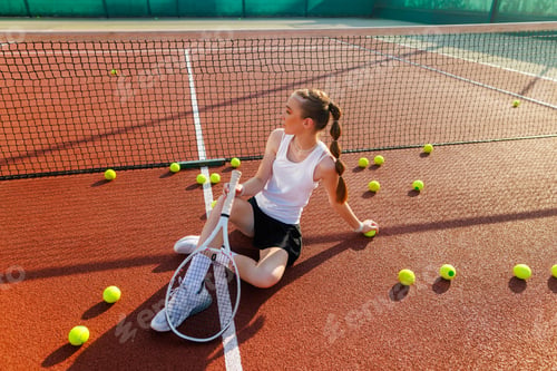 Preview: Teen girl tennis athlete takes break on court with racket and scattered tennis balls.