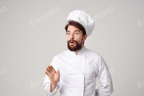 Preview: male cook Chef uniform Cooking emotions gourmet light background