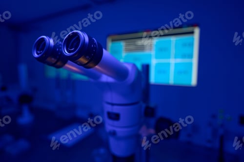 Preview: Ocular lenses of big microscope in genetic research laboratory