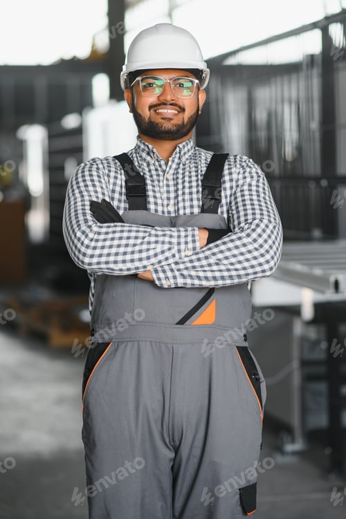 Preview: Portrait Indian male staff worker engineer supervisor in safety suit work in factory warehouse