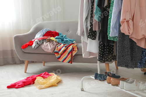 Preview: Mess in dressing room with sofa. Renew wardrobe