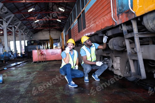 Preview: Railroad train maintenance engineer sitting inspection wheel transmission system and walkie talkie