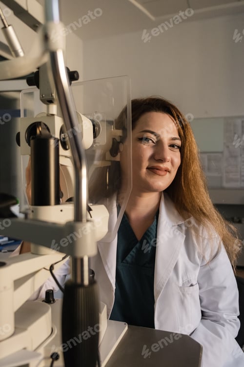 Preview: Vertical portrait of an ophthalmologist in her consultation room