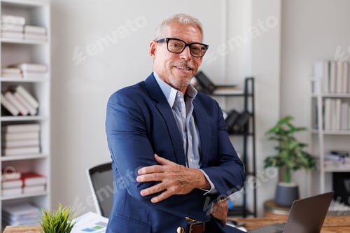 Preview: Mid adult, mature age guy with gray hair senior business man with crossed arms smiling at camera. Eu